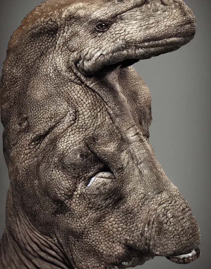 Image similar to portrait of muscular animal human merged head dolphin skin, scales, merged with monkey head, hippo face morphed, gills, horse head animal merge, morphing dog head, merging crocodile head, anthropomorphic, creature, solid background