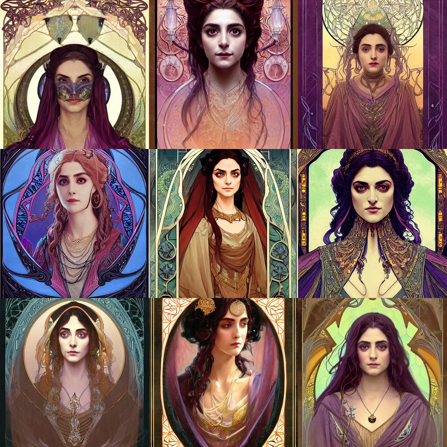 Image similar to masterpiece head-on symmetrical centered bust-view portrait, Maya Ali as D&D sorcerer, Art Nouveau style, wizard robe, fantasy, delicate, elegant, in the style of Greg Rutkowski and Moebius and Mohrbacher and ROSSDRAWS and Ross Tran and Alphonse Mucha and Ayami Kojima and Charlie Bowater and Jean Delville, Pixar, Maya engine, splash comics, tarot card style, Art Nouveau, rich bright colours