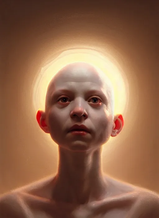 Image similar to portrait of an albino bald sick child oracle, ancient oracle, intricate, elegant, glowing lights, highly detailed, digital painting, artstation, concept art, smooth, sharp focus, art by wlop, mars ravelo and greg rutkowski