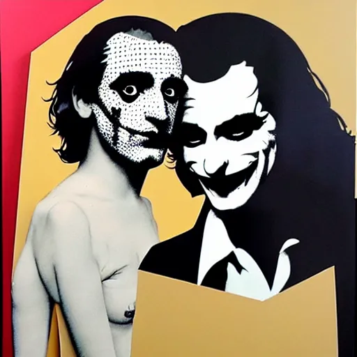 Image similar to richard hamilton and mimmo rottela and banksy as joaquin phoenix skinny joker holding hand lady gaga harley queen, ultra photorealistic, intricate details, pop art style, baroque, baroque, balance composition, concept art, ultrarealistic, 3 colors, smooth, sharp focus