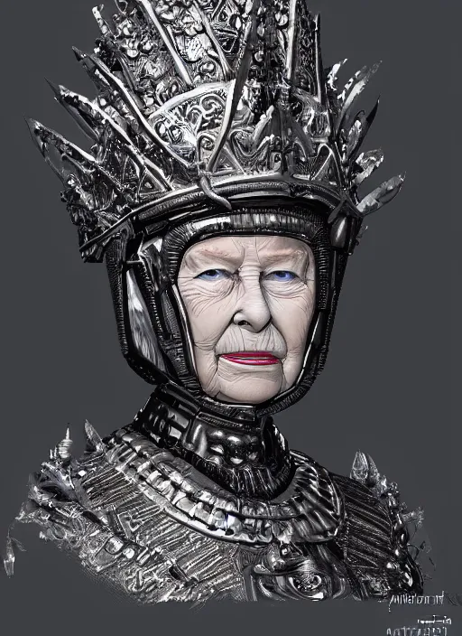 Image similar to old! queen elizabeth! in futuristic battle armor, face! visible, full body portrait, glowing lights, detailed, realistic, intricate, trending on artstation