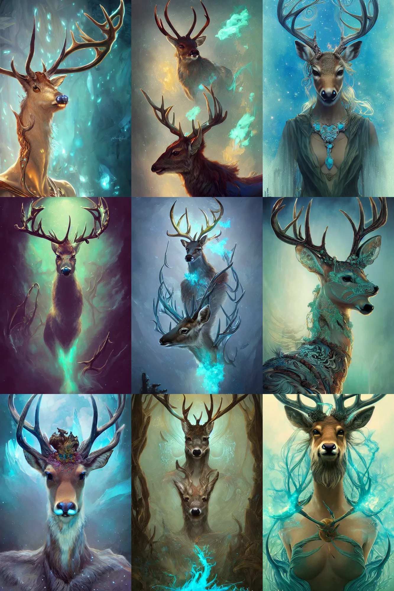 Prompt: Ultra realistic illustration, fantasy deer made of magic and wispy smoke with turquoise glow , sci-fi, fantasy, intricate, elegant, highly detailed, digital painting, artstation, concept art, smooth, sharp focus, illustration, art by artgerm and greg rutkowski and alphonse mucha