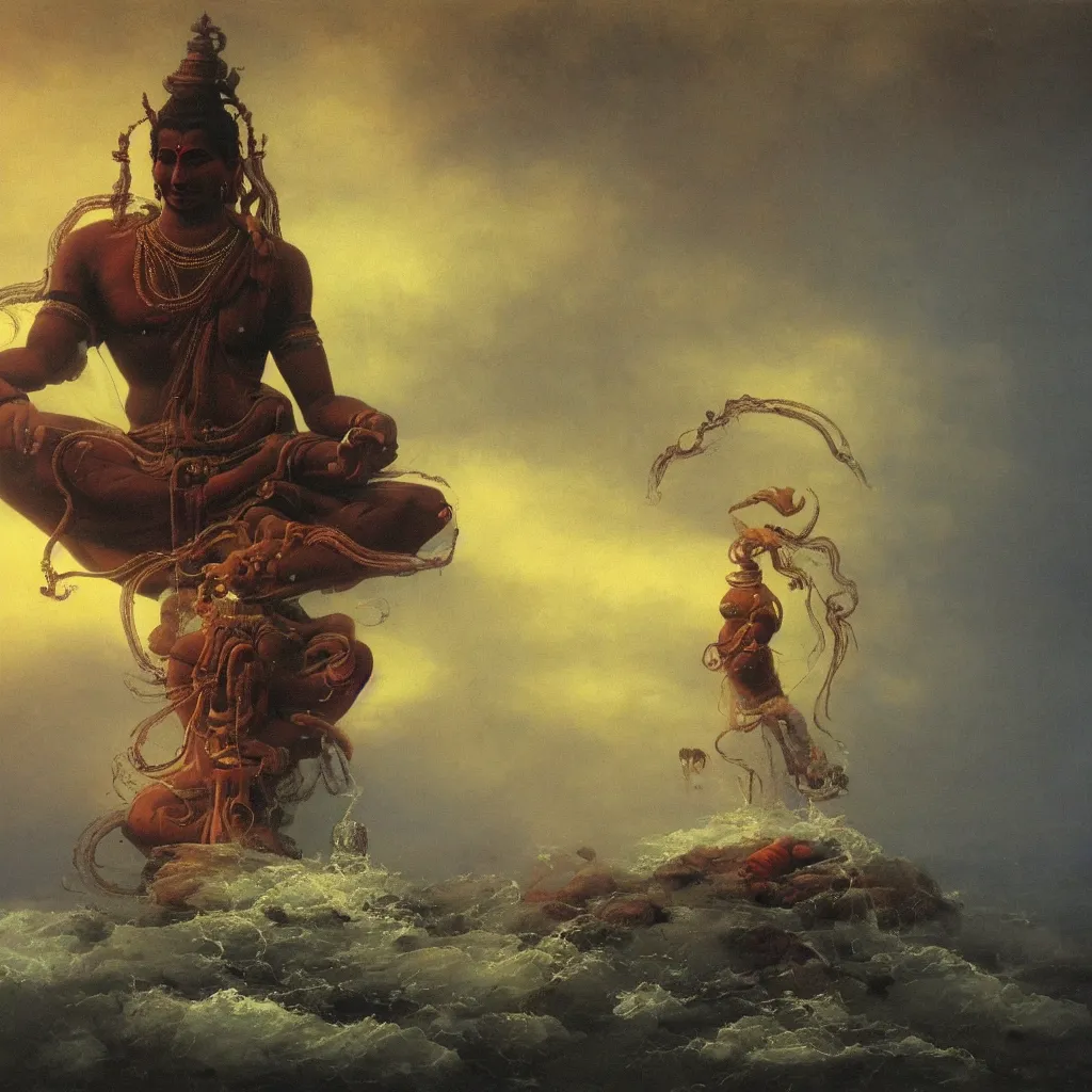 Image similar to One many-armed Shiva sits. In the background gasoline on the water. Dark colors, high detail, hyperrealism, masterpiece, close-up, ceremonial portrait, solo, rich deep colors, realistic, art by Yoshitaka Amano, Ivan Aivazovsky