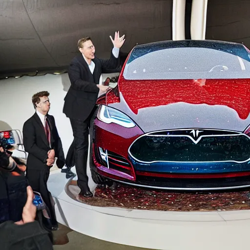 Image similar to a beautiful roman mosaic of elon musk unveiling a new tesla car