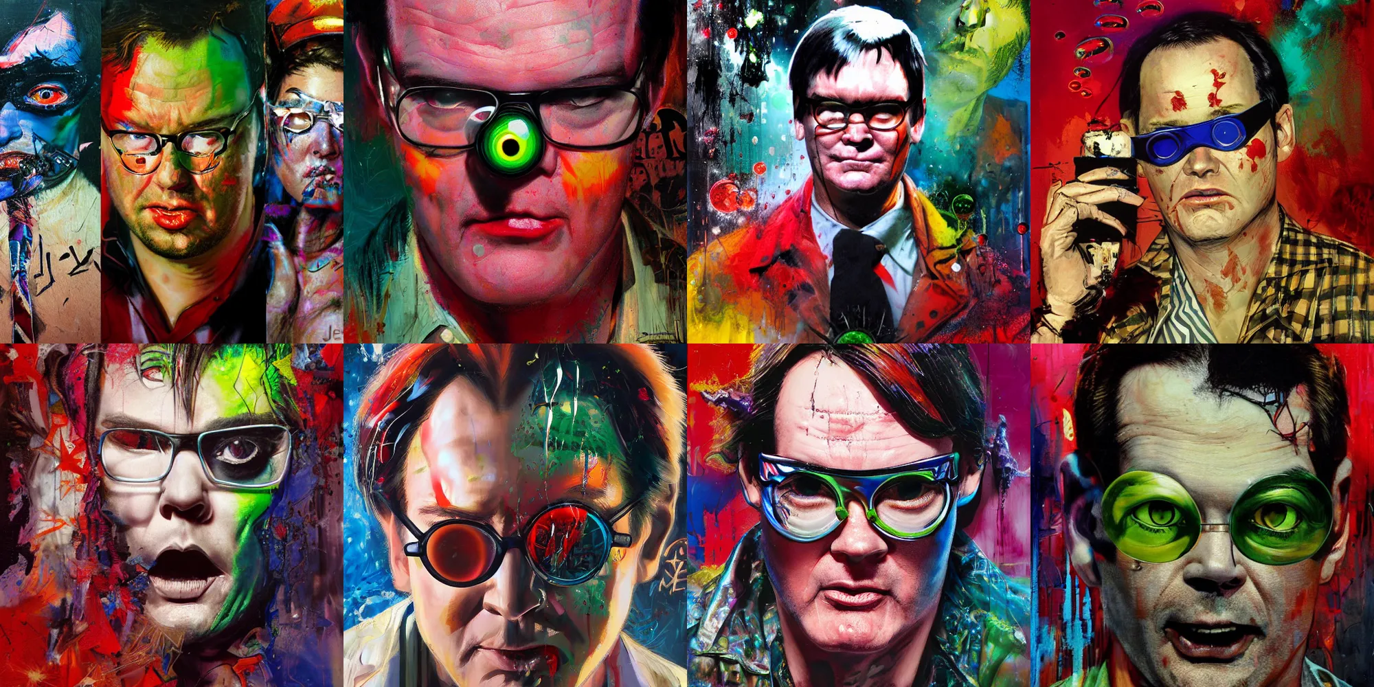 Prompt: drunk angry jim cornette, one green eye and one red eye, ( hallucinating colorful soap bubbles ), by jeremy mann, by sandra chevrier, by dave mckean and richard avedon and maciej kuciara, 8 0's, punk rock, high detailed, 8 k