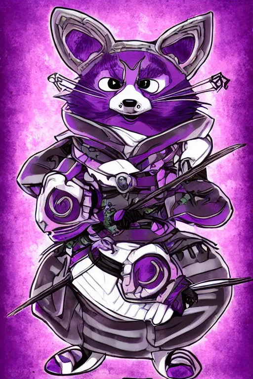 Prompt: purple samurai raccoon in the style of Yoshitaka Amano