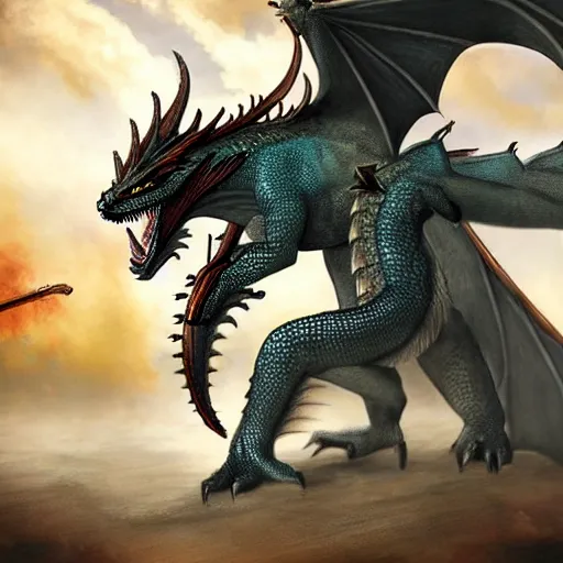 Image similar to dragon saphira fighting against soldiers photo realistic, detailed