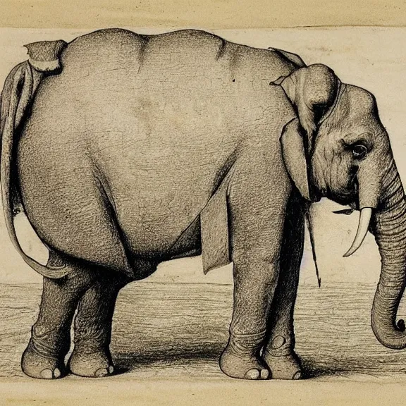 Image similar to a detailed, intricate drawing on parchment with white highlights of a war elephant with heavy armor on a beach, by albrecht durer