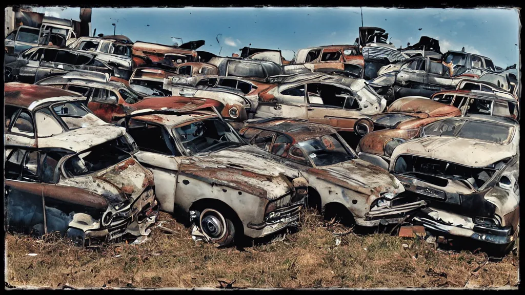 Prompt: lomography photo of a junk yard