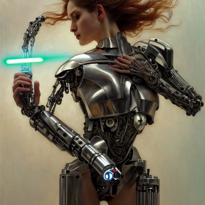 Image similar to organic cyborg, lightsaber held in left hand, diffuse lighting, fantasy, intricate, elegant, highly detailed, lifelike, photorealistic, digital painting, artstation, illustration, concept art, smooth, sharp focus, art by John Collier and Albert Aublet and Krenz Cushart and Artem Demura and Alphonse Mucha
