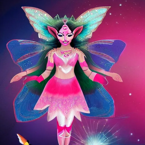 Image similar to ! dream dakini as a modern fairy wearing a pink outfit, flying in the style of superman alongside penguins.