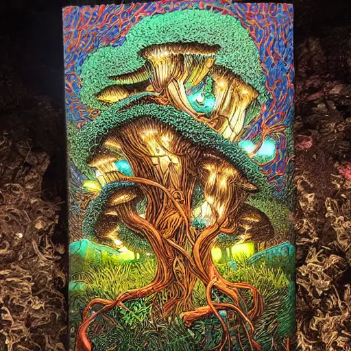 Image similar to acrylic painting, art in the style of Terry Moore, Moebius and Mohrbacher, a tiny village carved into the side of a tree, inhabited by elves and faeries, the outside lights are bioluminescent mushrooms and fungi intricately detailed