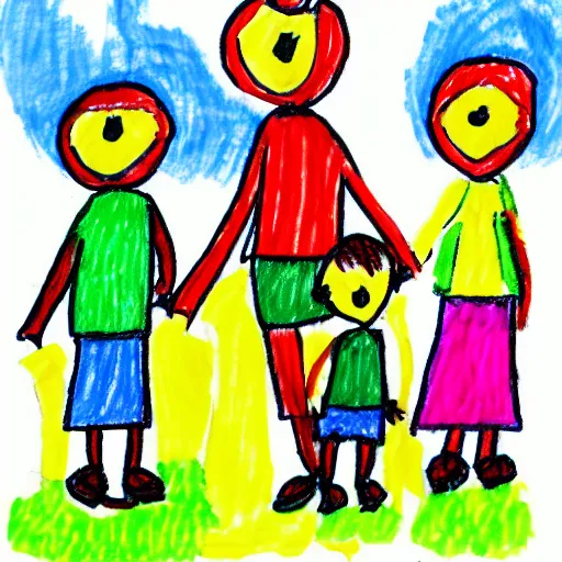 Children's drawing of happy family taking a walk stock photo