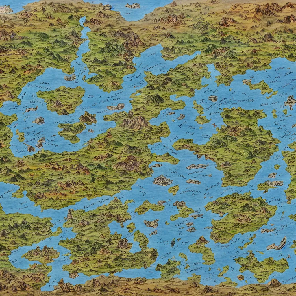 Prompt: well drawn highly detailed map of a large fantasy continent, defined with mountains forests cities and roads, oil painting