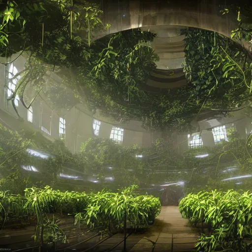 Image similar to GLaDOS in the center of a huge hall overgrown with vines and plants of the complex, old computers, a suspension of dust in the air, rays of light through the ceiling, realism, art,