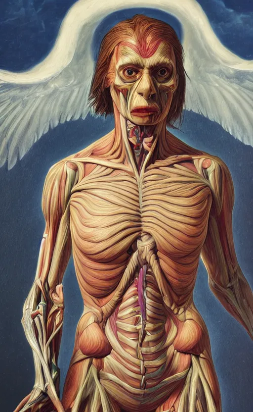 Prompt: an anatomical oil painting of a Harpy from a medical journal by Alex Ross, highly detailed, high detail, photoreal, 8k, storm clouds, birds, dramatic lighting