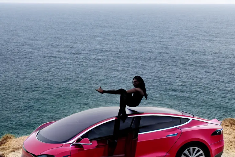 Image similar to photo of a gorgeous black model sitting on a Tesla on a cliff on the ocean By Emmanuel Lubezki