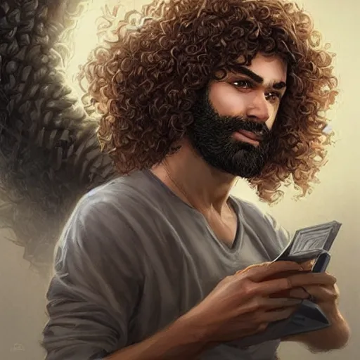 Image similar to a skeptical looking curly - haired persian programmer, by artgerm and greg rutkowski and magali villeneuve