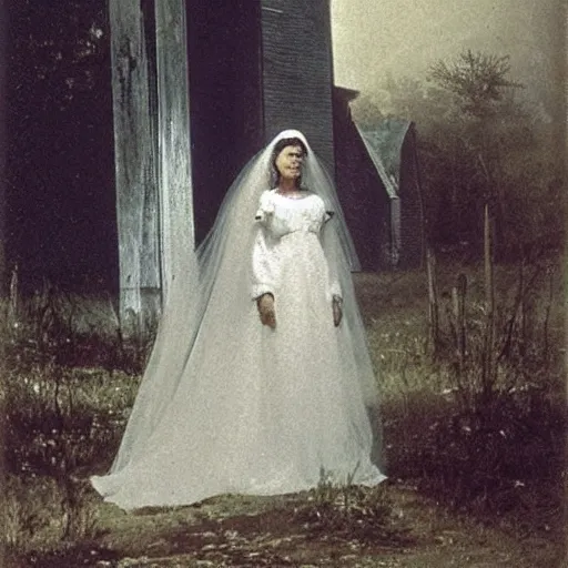 Image similar to picture of ghostly bride in front of an old wooden white church, 1 9 th century southern gothic scene, made by achenbach, andreas