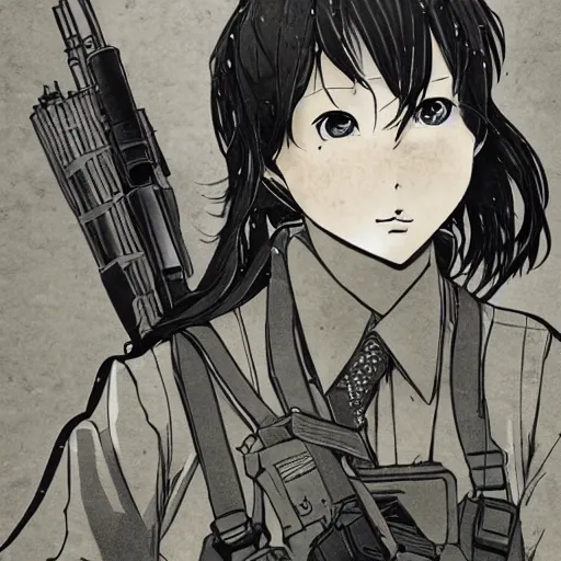 Image similar to manga style, black inking, modern warfare, portrait of a girl under artillery fire, trench sandbags in background, soldier clothing, long hair, hair down, symmetrical facial features, comic page, trending pixiv, black shadow patterns, by akihito yoshitomi, akiko higashimura