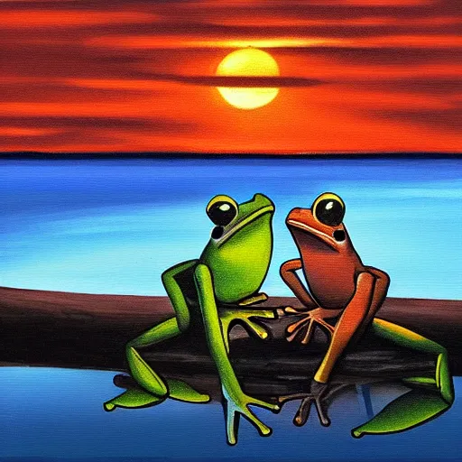 Prompt: Two frogs sitting on a log in a pond, the sun is setting, stylized as an oil painting