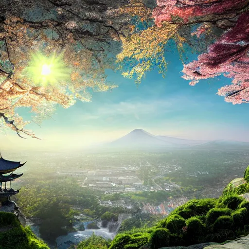 Image similar to view from the mountain top to see a costal city on an alient planet, elven architecture buildings, 8k, wide angle view, hyper realistic, waterfall under bridge, sunlight shining through into the city, zen japanese gardens, sakura trees, japanese autumn tree 18 4k photorealistic, volumetric lighting, HD, high details, dramatic, trending on artstation