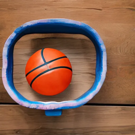 Prompt: a basketball made out of colorful glazed terracotta on a wooden table