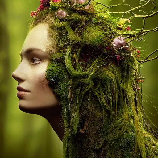 Image similar to beautiful portrait of a forest dryad, her skin made of moss, flowers growing from her head, golden sunlight, extremely detailed, hyperrealistic, photo by annie leibovitz, masterpiece, award-winning