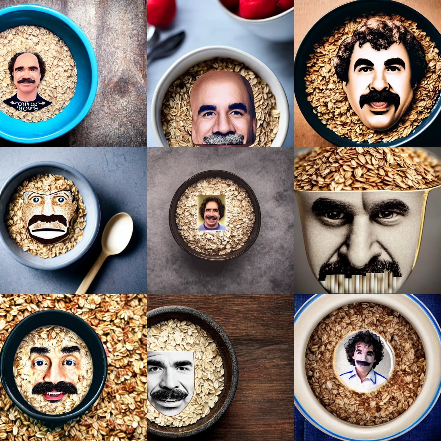 Prompt: a bowl of oats with the face of john oates in it, john oates face, macro shot