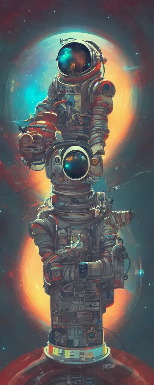 Image similar to a poster design of a single cyberpunk astronaut wearing headphones in space, universe, cyberpunk, warm color, Highly detailed labeled, poster, peter mohrbacher, featured on Artstation