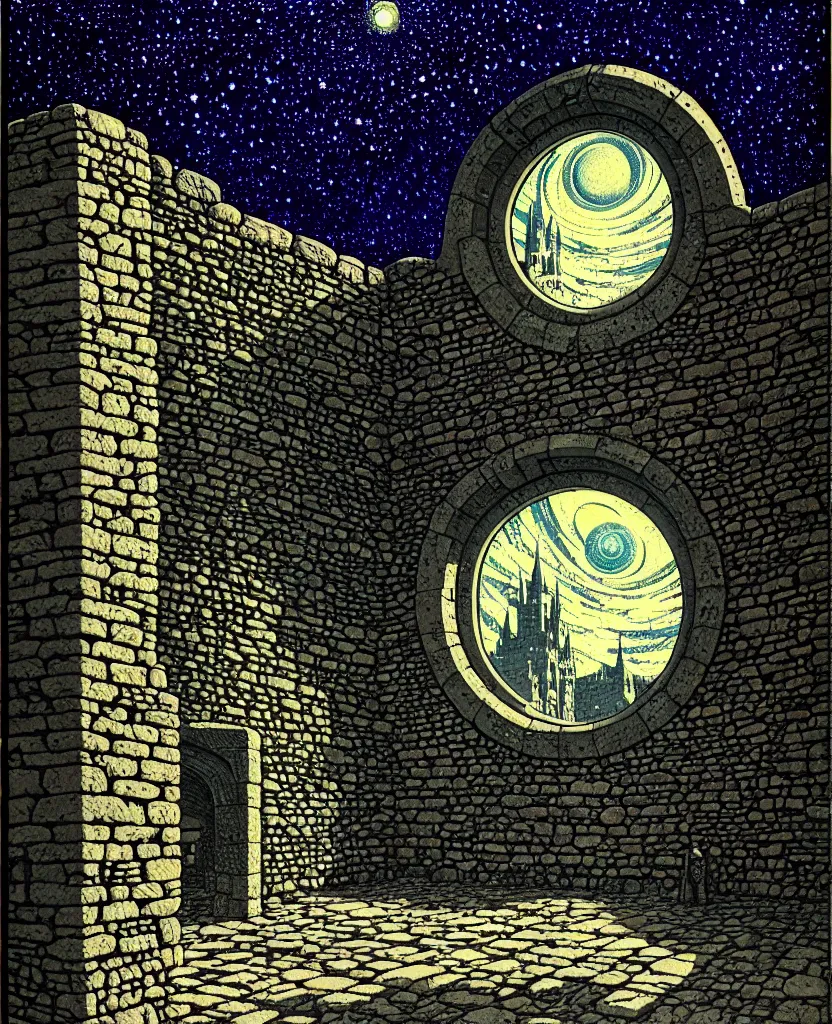 Image similar to stone wall inside of a majestic castle, round window looking out to the starry night sky, high details, intricately detailed, by vincent di fate, inking, 3 color screen print, masterpiece, trending on artstation,, sharp, details, hyper - detailed, hd, 4 k, 8 k