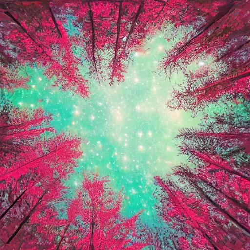 Prompt: peering upward toward a canopy of pink leaves against a starry night sky, realistic