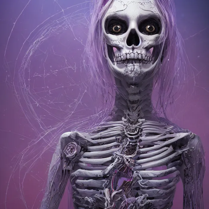 Image similar to portrait of Riae as a skeleton. intricate abstract. intricate artwork. nightmare fuel. by Tooth Wu, wlop, beeple, dan mumford. octane render, trending on artstation, greg rutkowski very coherent symmetrical artwork. cinematic, hyper realism, high detail, octane render, 8k, iridescent accents