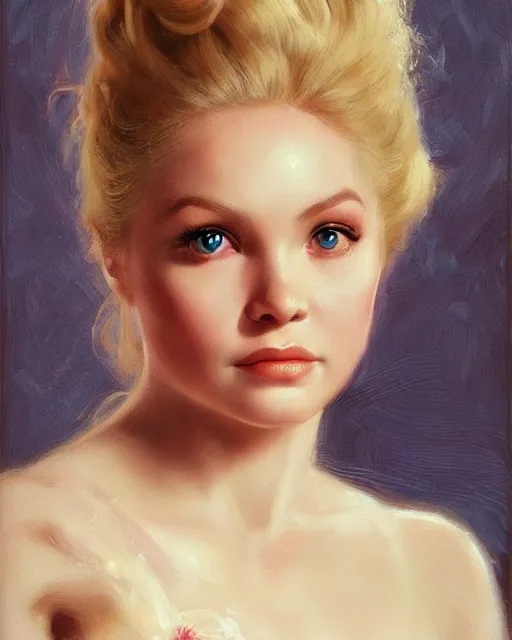 Prompt: tuesday weld, brilliant pink ball gown, sharp beautiful face, by viegil finlay, oil on canvas, artstation, pretty blueeyes, by j. c. leyendecker and edmund blair leighton and charlie bowater, beautiful face, octane, very aesthetic!!!!!!!!!!!!!!! stunning gorgeous blue eyes