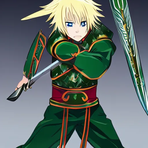 Prompt: blonde haired anime man in jade armour wielding two jade swords, 8k
