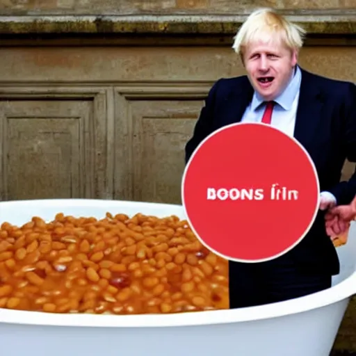 Prompt: Boris Johnson in a bathtub full of baked beans