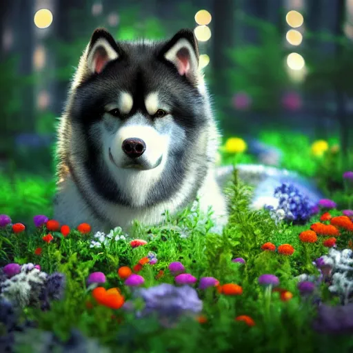 Prompt: alaskan malamute made of flowers playing in a bioluminescent forest at dusk, octane render, colorful, beautiful