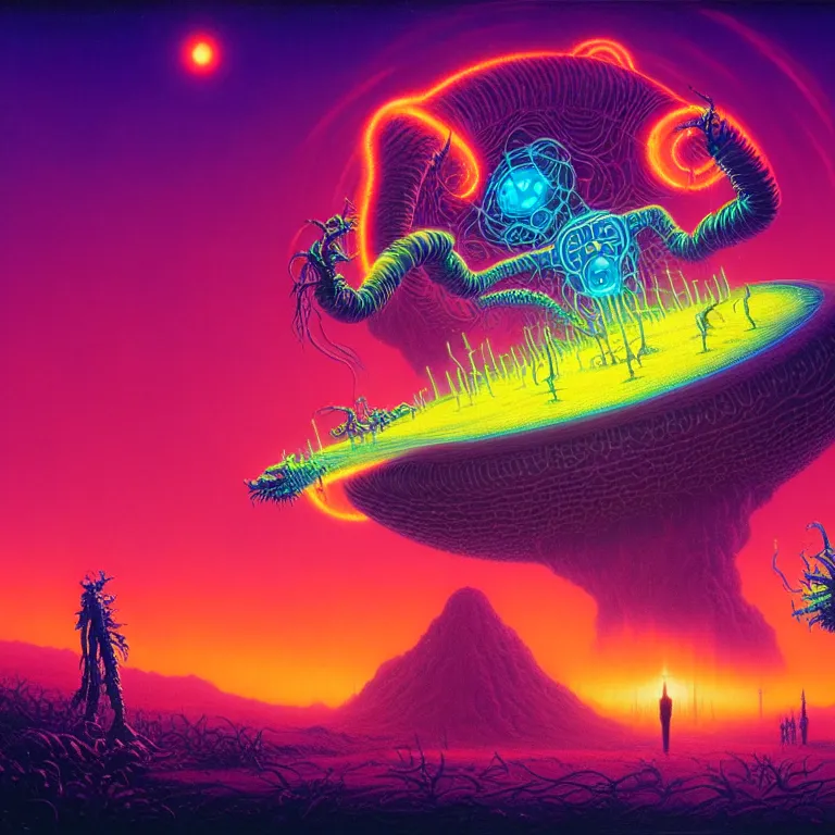 Prompt: aggrgoth styled, strange mysterious creatures, infinite quantum portal, synthwave, bright neon colors, highly detailed, cinematic, panoramic, tim white, michael whelan, roger dean, bob eggleton, chris foss, vladimir kush, kubrick, kimura, isono