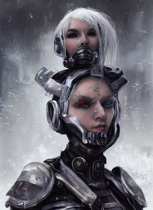 Prompt: An epic fantastic realism comic book style portrait painting of a female cyber warrior, dieselpunk armor, white hair, porcelain pale skin, cyberpunk color raining tokyo everywhere, Concept world Art, unreal 5, DAZ, hyperrealistic, octane render, cosplay, RPG portrait, dynamic lighting