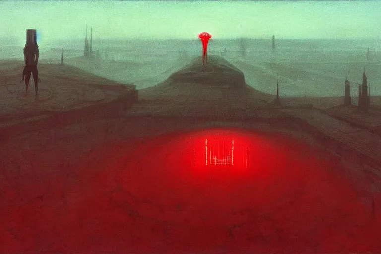 Image similar to only with red, a red god of death eat apple, a futuristic city on mars in background, floor are worms, in the style of beksinski, part by hopper, part by rodcenko, part by hofbauer, intricate composition, red by caravaggio, insanely quality, highly detailed, masterpiece, red light, artstation