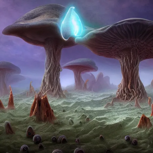 Image similar to eldritch shore scientists take their first steps on a strange alien planet full of mushrooms and other complex fungi, 8 k resolution matte painting trending on artstation an