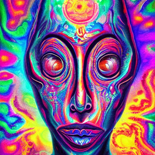 Prompt: oil painting of 👽 textured hyperrealistic fantasy psychedelic face melting geometric blotter art