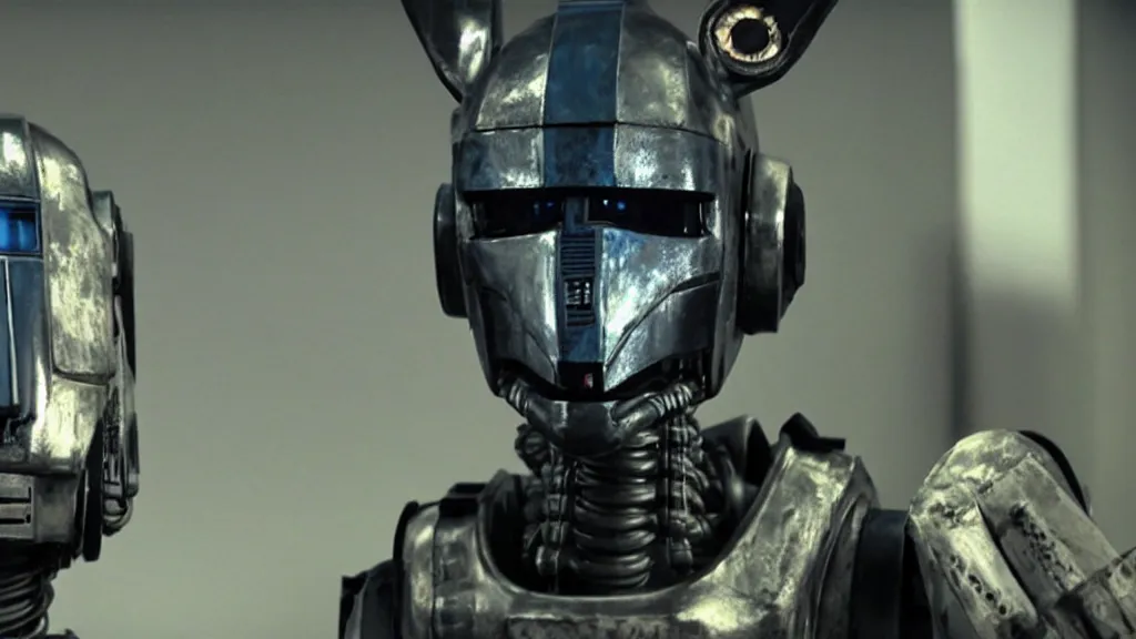 Image similar to film still from the movie chappie of the robot chappie furry anthro anthropomorphic stylized cat ears head android service droid robot machine fursona