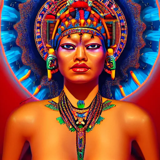 Image similar to Full body photo of the most beautiful mayan goddess, in the style of Peter Mohmacher and Mati Klarwein, trending on Artstation, digital art, symmetrical artwork, cinematic, hyper realism, high detail, octane render, 4k, 8k