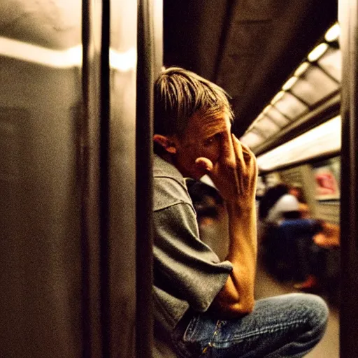 Prompt: tony hawk with no legs crying on a subway train, photograph, emotional lighting, moody shadows, 4 k