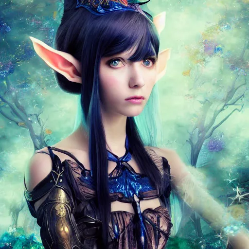 Prompt: A portrait of an ethereal, mysterious stunning maximalist mesmerizing elven girl with elf ears from the rainbow sky paradise in Tron: Legacy (2010), high-tech, Victorian gothic lolita fashion, highly detailed, very beautiful painting by artgerm and WLOP, inspired by Mark Ryden and Hiroyuki-Mitsume Takahashi