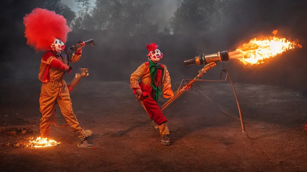 Image similar to photo of a clown using a flamethrower. In the background there is a fire. award-winning, highly-detailed, 8K