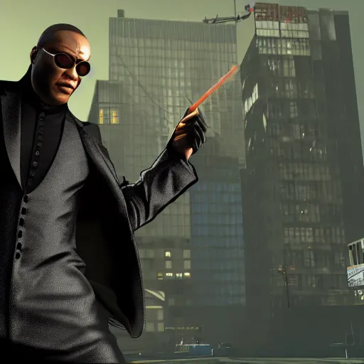 Prompt: Morpheus from the Matrix in GTA 5, cover art by Stephen Bliss, boxart, loading screen