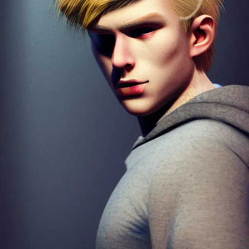 Image similar to A videogame portrait of a blond young Irish man. Male model. Dressed in 1980s style. Highly detailed, fine Art, high detail, great lighting, 8k resolution, masterpiece, concept art, illustration, clear eyes, painting oil on canvas, octane render, HDR, trending on artstation, 4k, 8k, HD