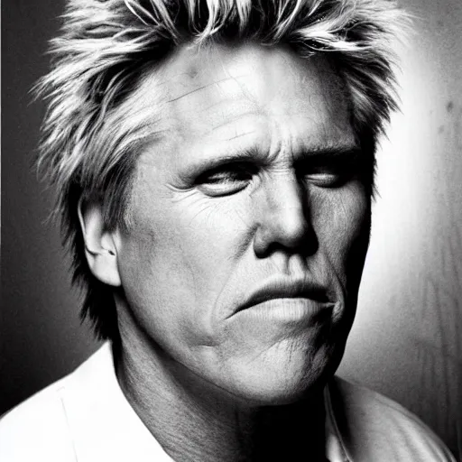 Prompt: Gary Busey symmetrical face, headshot, sad